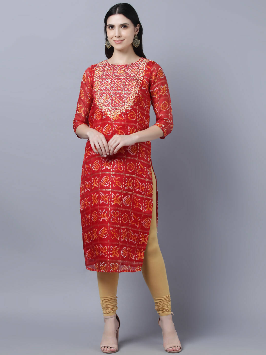 Myshka Women Red Yellow Bandhani Printed Mirror Work Kurta - Distacart
