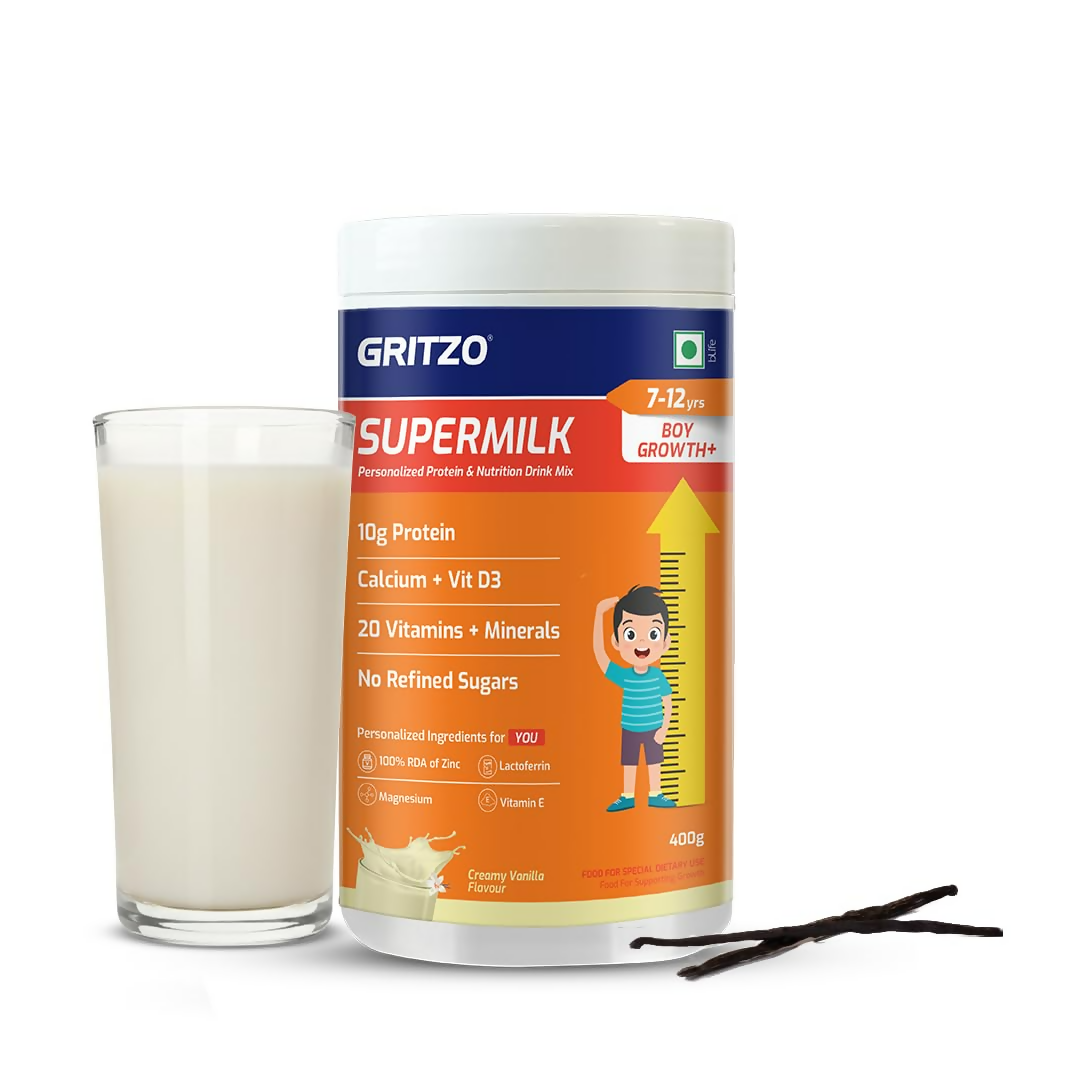 Gritzo SuperMilk Growth+ (Formerly Height+) (7-12y Boys), 10g Protein Powder-Creamy Vanilla - Distacart