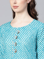 Yufta Women Blue & Off-White Leheriya Dyed Straight Kurta