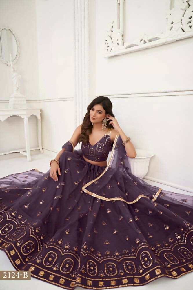 Aastha Fashion Dusty Wine Butterfly Net Tone To Tone Thread Work And Sandwich Sequence Work Embroidery Wedding Wear Lehenga Choli