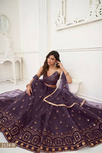 Aastha Fashion Dusty Wine Butterfly Net Tone To Tone Thread Work And Sandwich Sequence Work Embroidery Wedding Wear Lehenga Choli