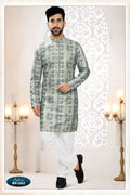 Joban Fashion Men's Green & Blue Straight Silk Thread And Sequence Embroidery All Over Kurta Set