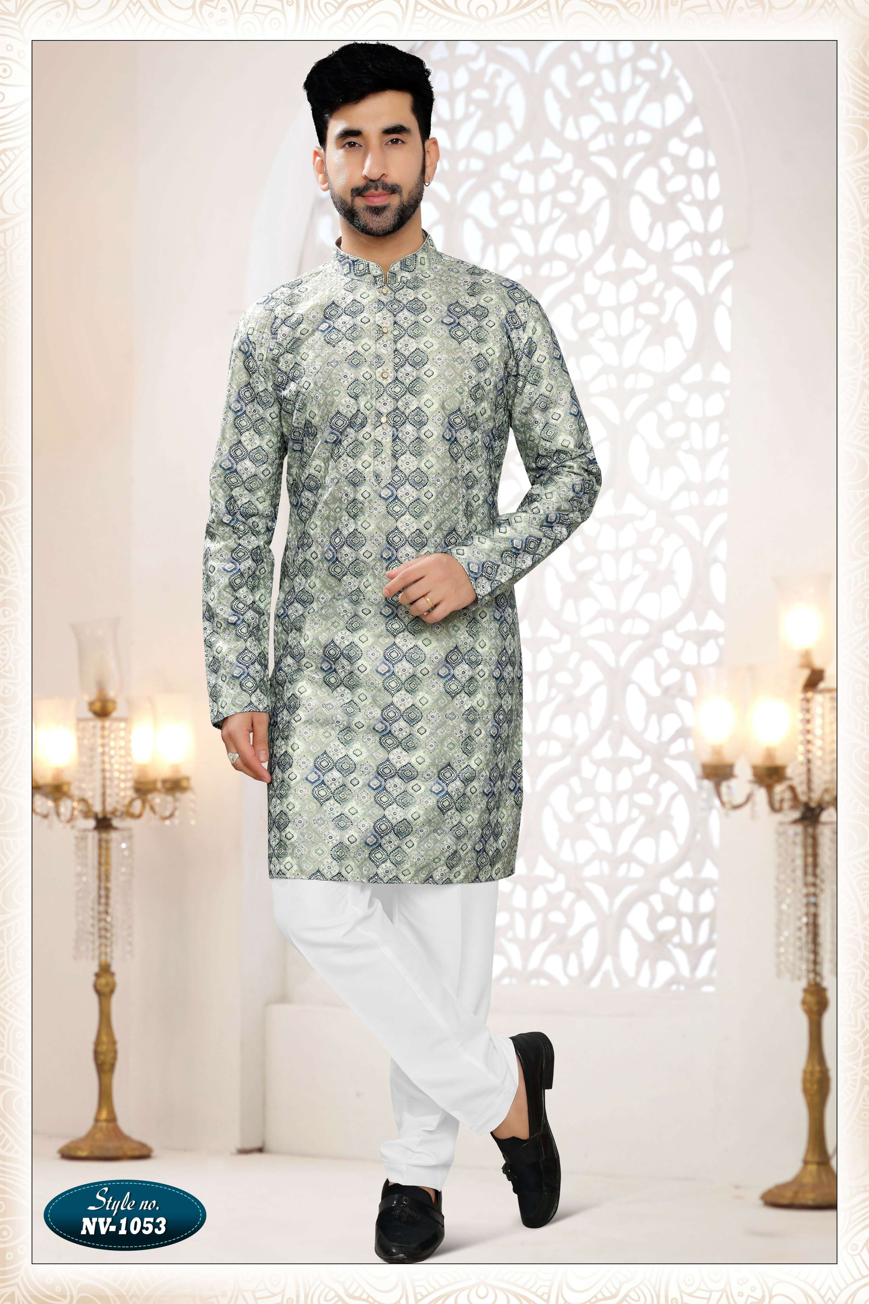 Joban Fashion Men's Green & Blue Straight Silk Thread And Sequence Embroidery All Over Kurta Set