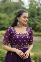 Joban Fashion Purple Georgette Sequence Embroidery Work Gown - Distacart