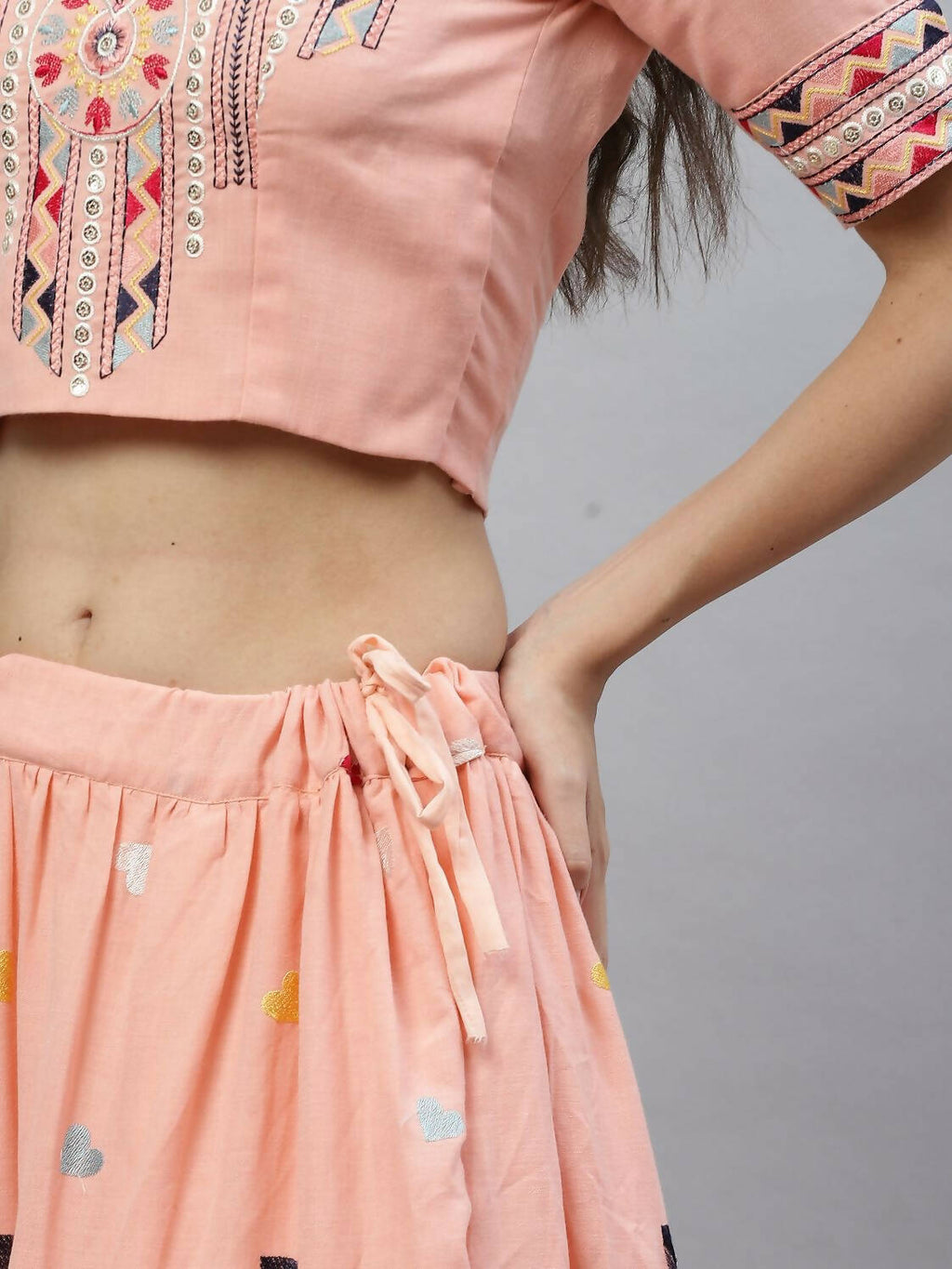 Pink Cotton Embroidered Work Lehenga Choli with Dupatta - Jivika