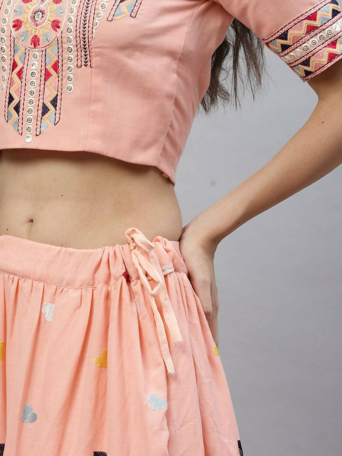 Pink Cotton Embroidered Work Lehenga Choli with Dupatta - Jivika