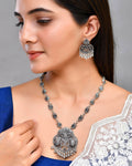VOJ Silver Plated Oxidized Long Necklace with Earring Set