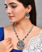 VOJ Silver Plated Oxidized Long Necklace with Earring Set