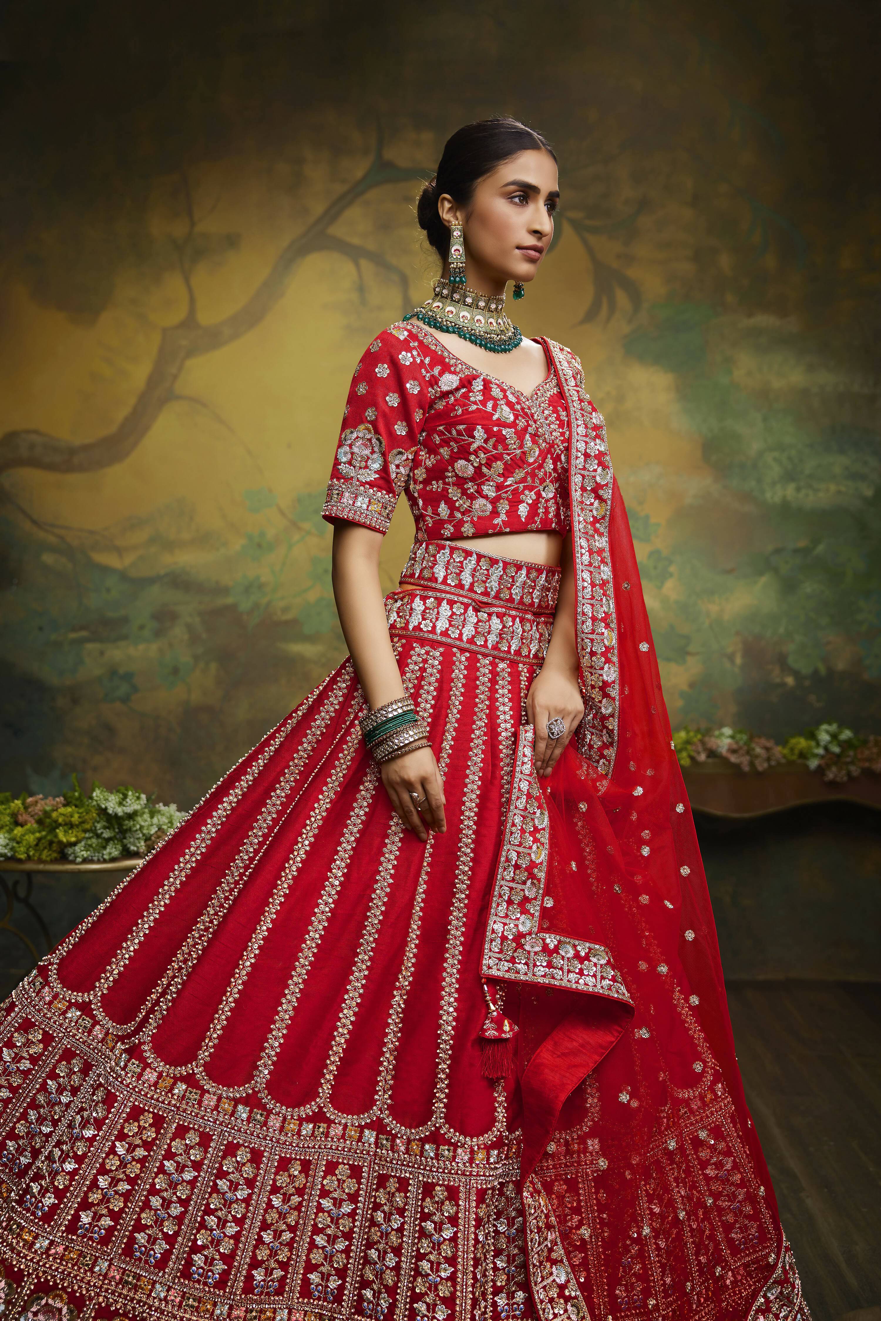 House of Panchhi Red Pure Silk Moti & Zarkan heavy embroidery Lehenga choli & Dupatta