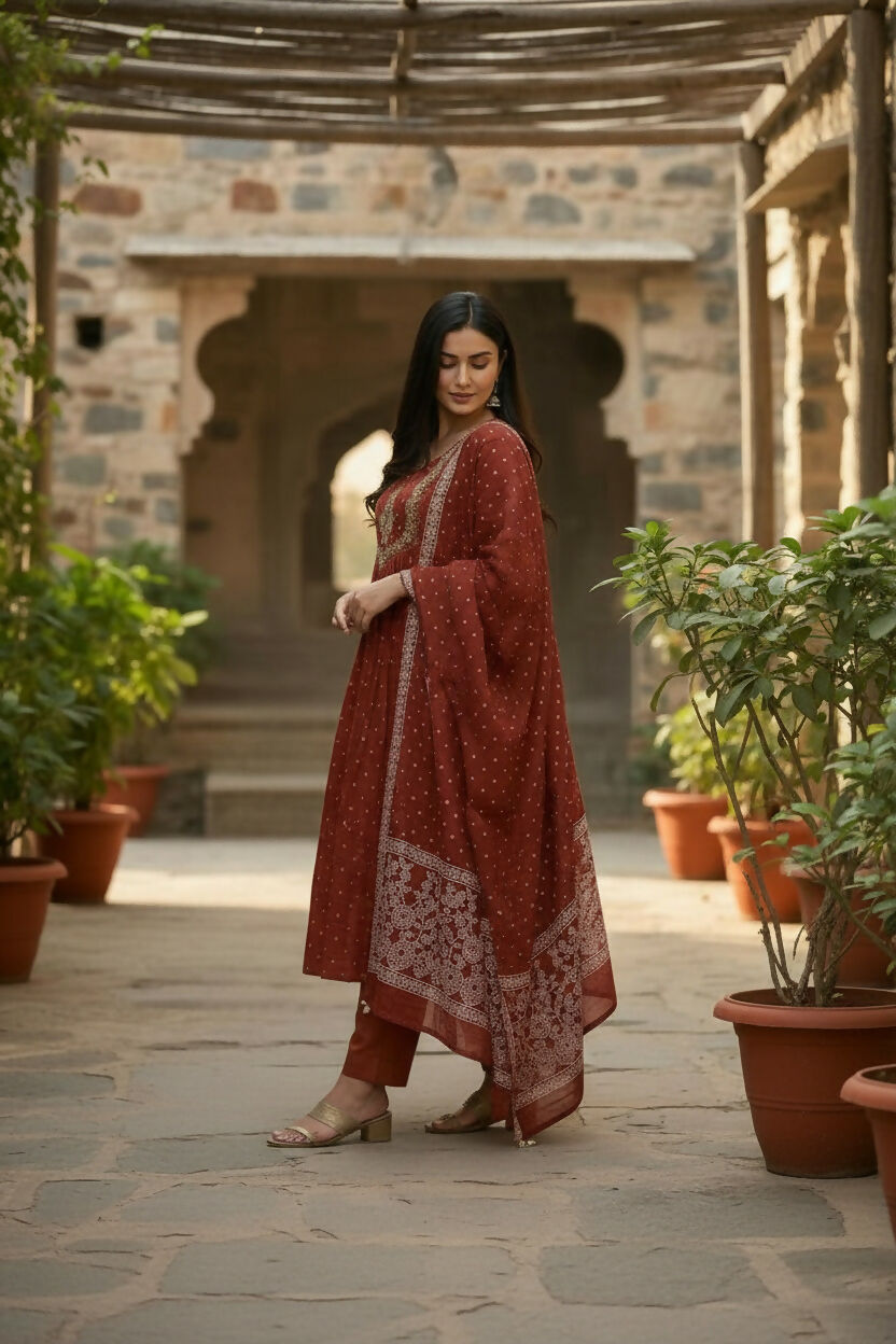 The52 Women's Beautiful Cotton Fabric Embroidery Work Flared Anarkali Pant and Dupatta Set - Distacart