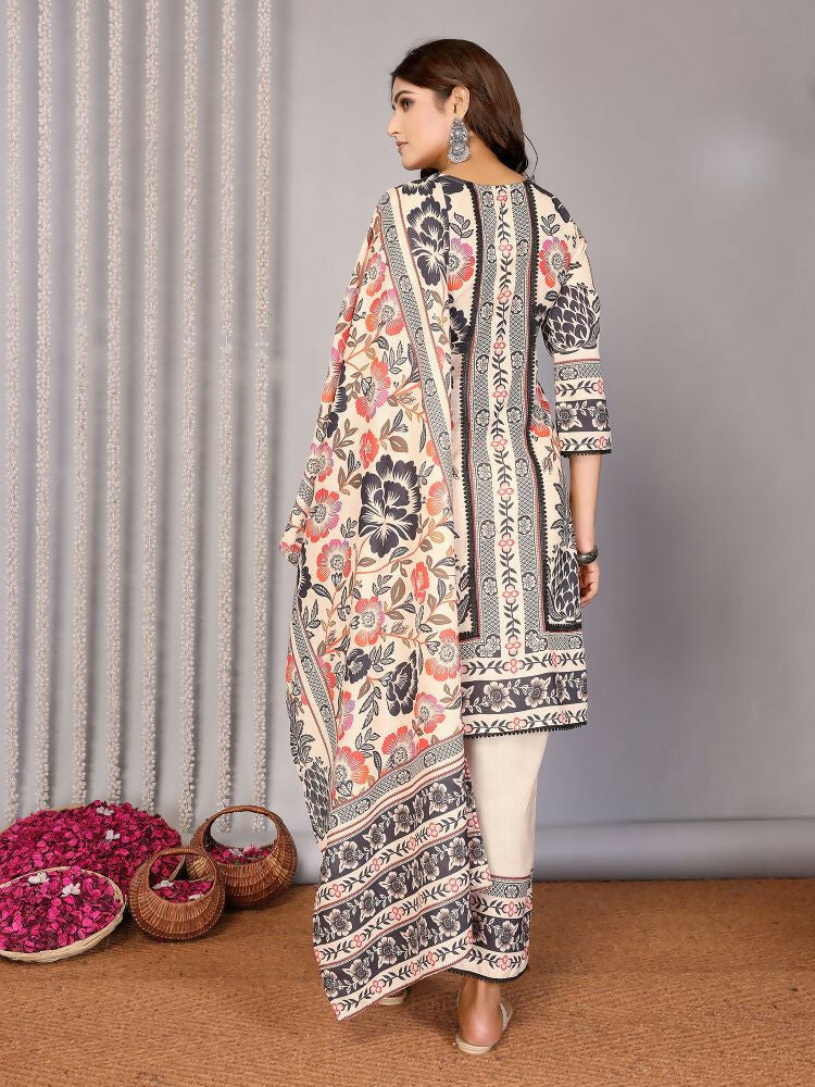 Joban Fashion Women Cream Linen Printed Stitched Kurta Set - Distacart