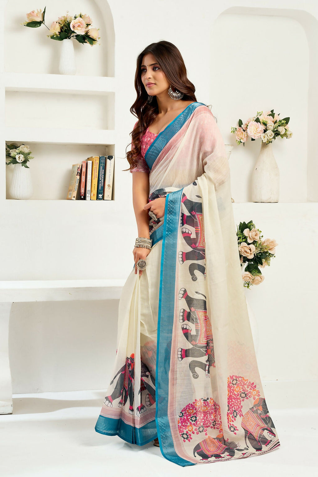 Vastranavya Cream Digital Printed Linen Ready To Wear Designer Saree with Unstitched Blouse - Distacart