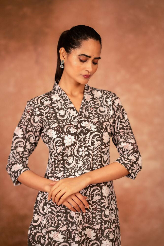 Joban Fashion Black Floral Hand Block Printed Cotton Kurta Pant Set - Distacart