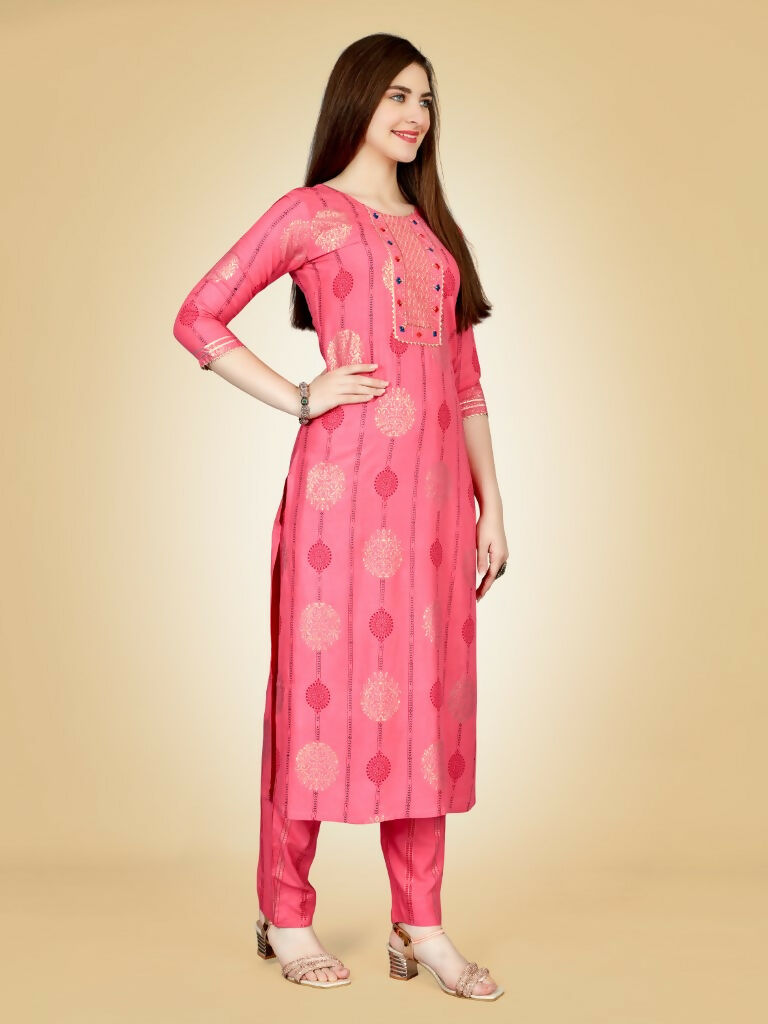 Jyoti Fashion Women's Pink Viscose Rayon Embroidered Kurta Pant Set
