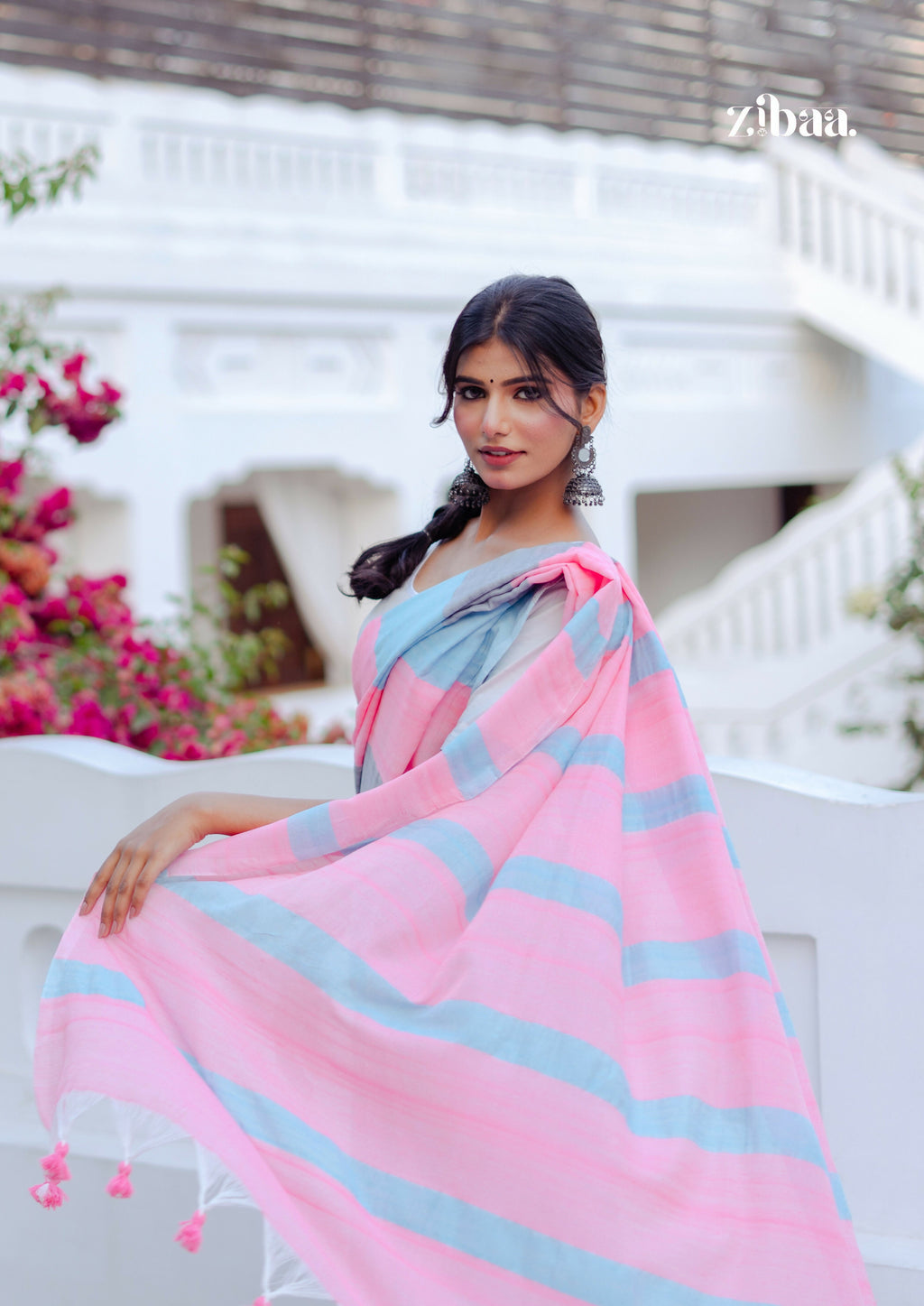 Zibaa Hand-Dyed Mul Cotton Striped Saree with Tassels - Distacart