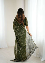 PR Fashion Mehendi Georgette Patta Plain With Foil Work And Small Lace And Zalar Lace Saree