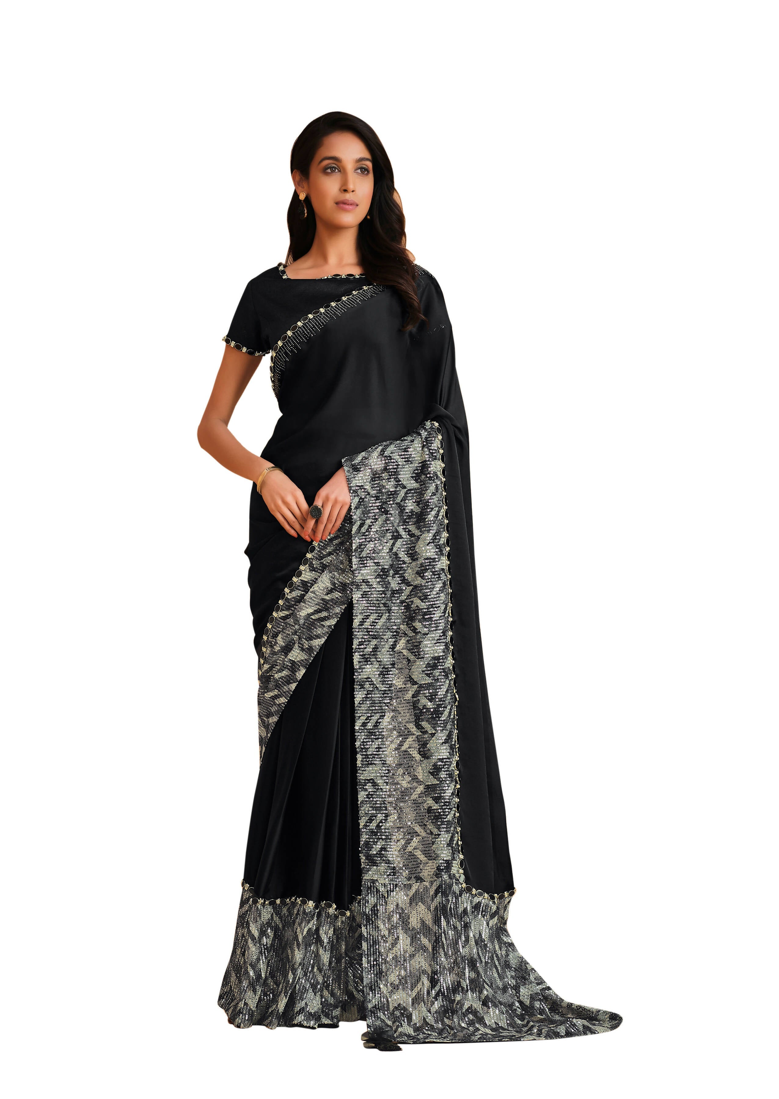 Black Satin Crepe Silk Sequence Embroidered Saree With Unstitched Blouse - Mohmanthan Yavanika