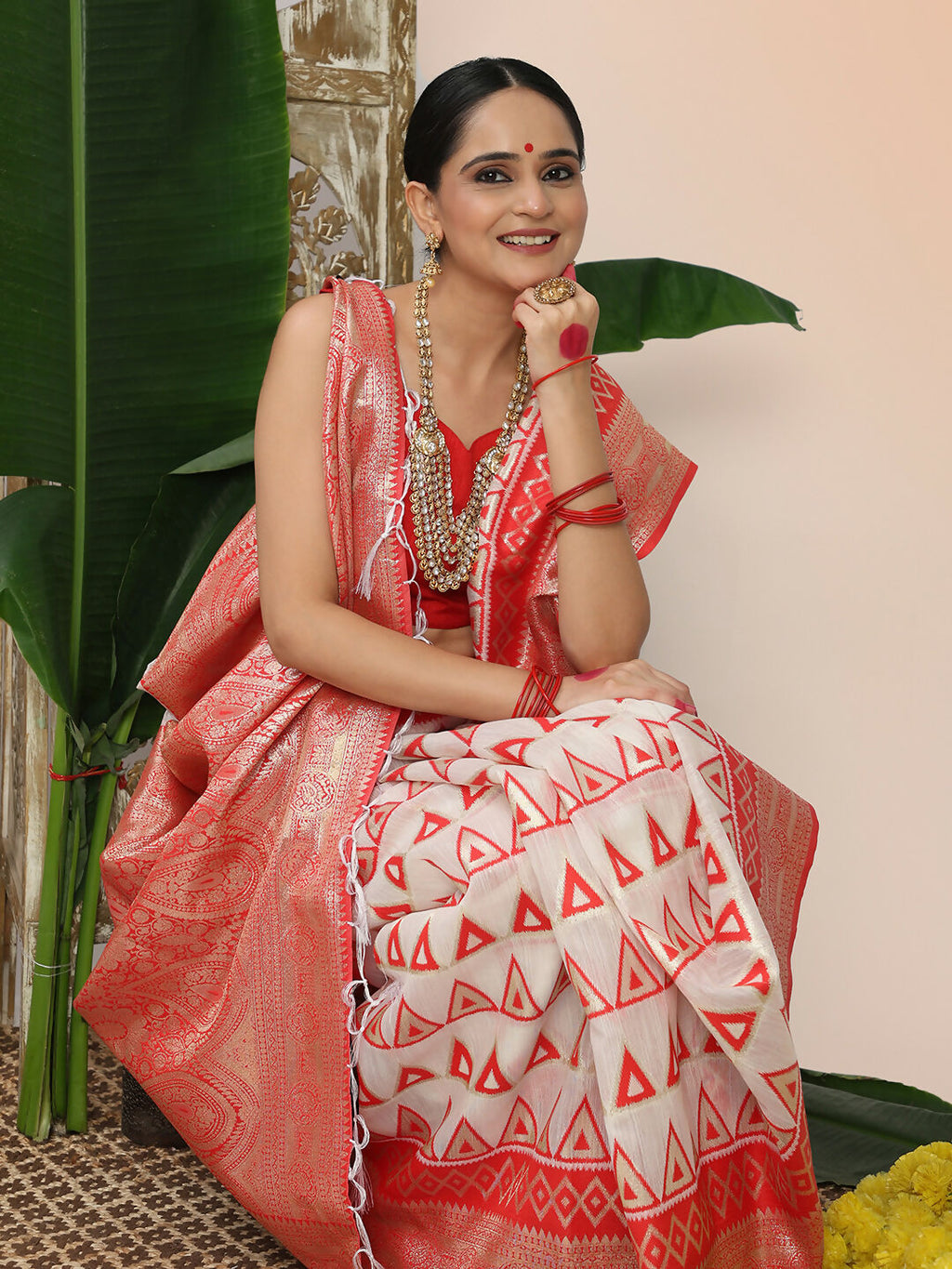 Shree Shyam Fashion Linen Cotton Red & White Saree - Distacart