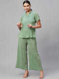Myshka Women Green Chiffon Round Neck Top Palazzo Set - Distacart