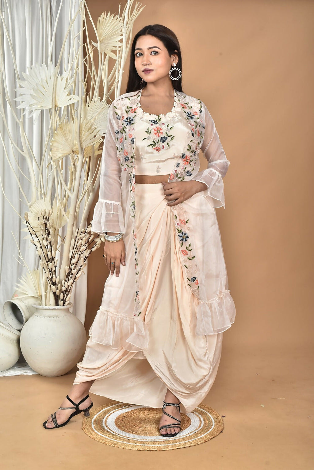 Morchari Women Hand Embroidery Crop Top-Light Peach