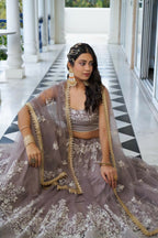 Aastha Fashion Light Dusty Brown Butterfly Net White Cotton Thread Work And Sequence Work Embroidery Wedding Wear Lehenga Choli