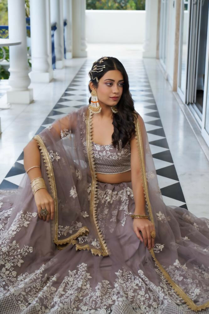 Aastha Fashion Light Dusty Brown Butterfly Net White Cotton Thread Work And Sequence Work Embroidery Wedding Wear Lehenga Choli
