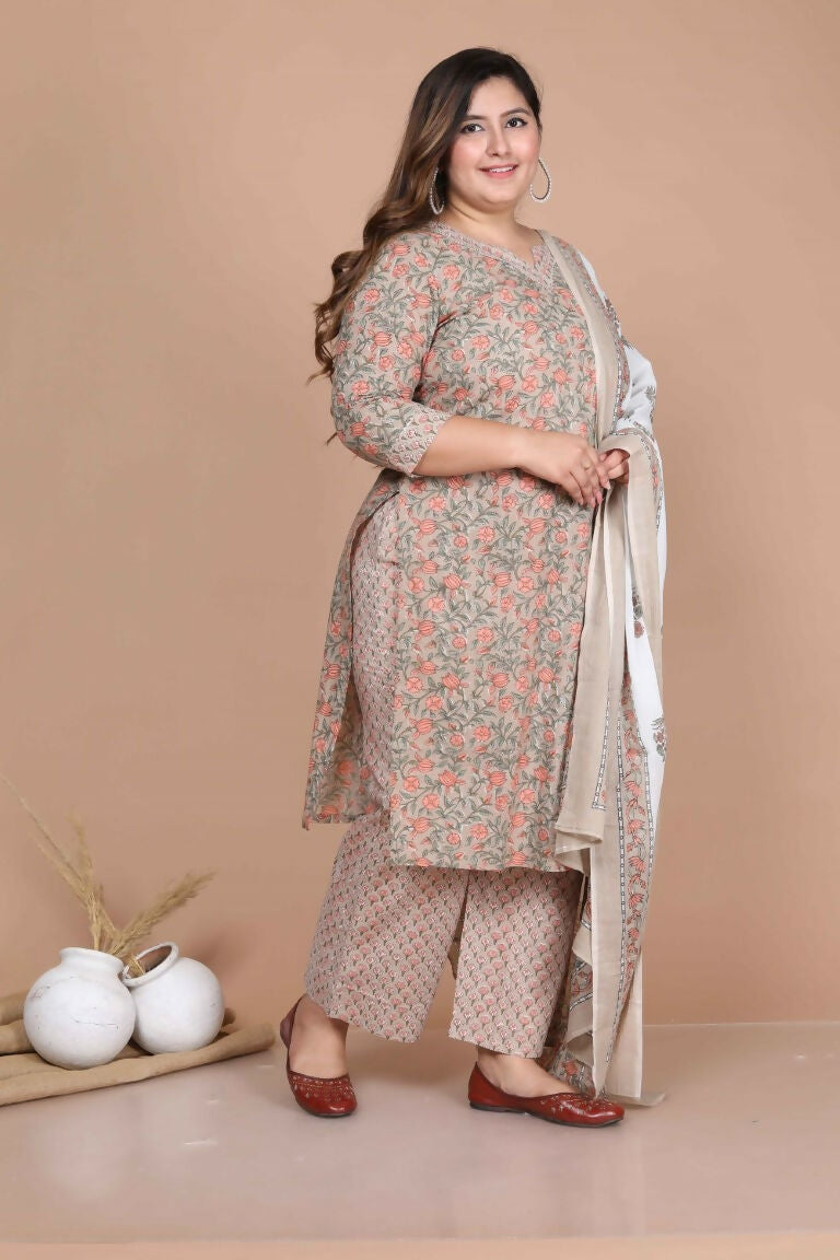 Miravan Women's Plus Size Brown Floral Printed Gotta Patti Pure Cotton Kurta With Palazzo And Dupatta Set