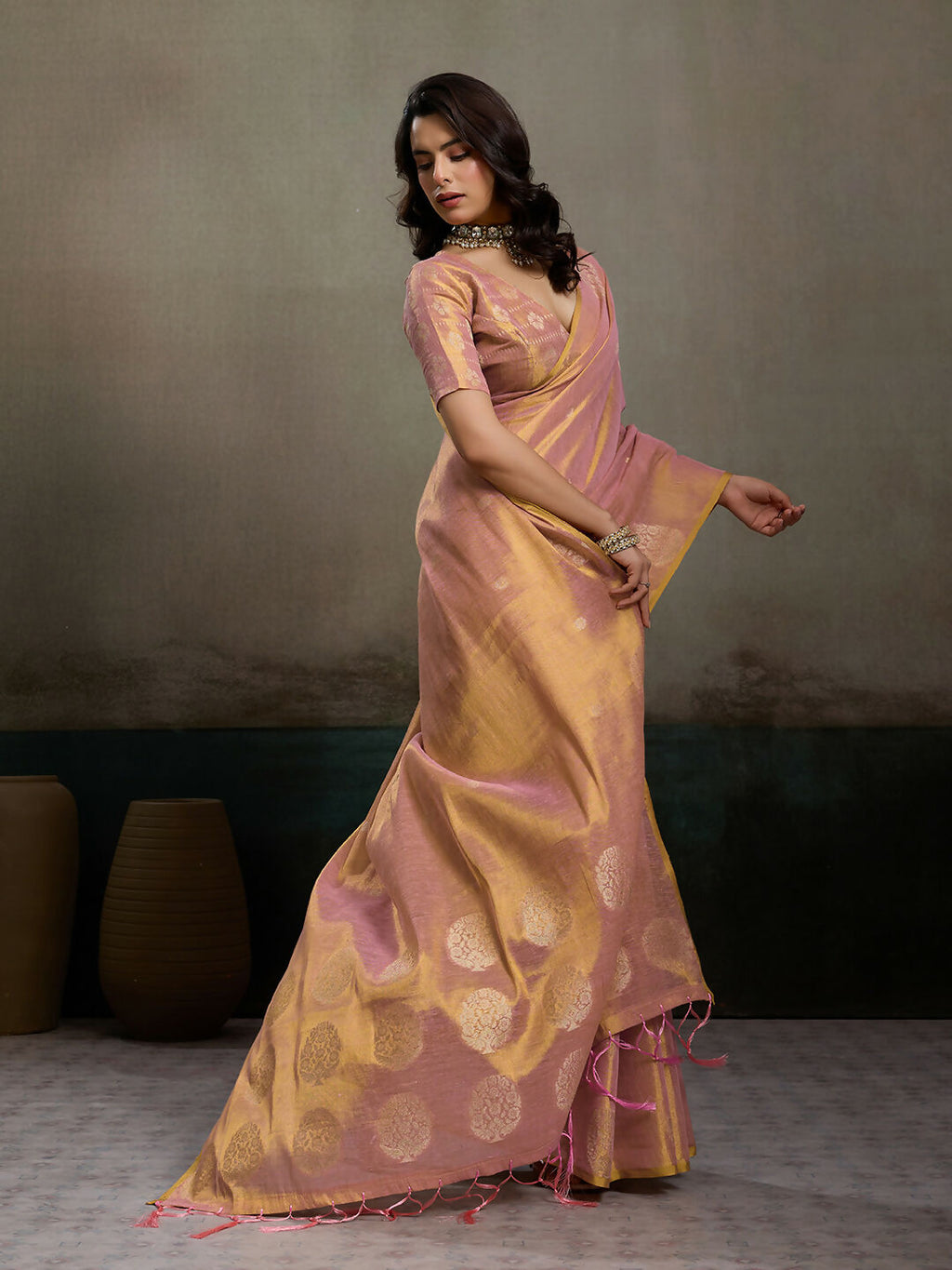Shree Shyam Fashion Light Pink Tissue Silk Saree - Distacart