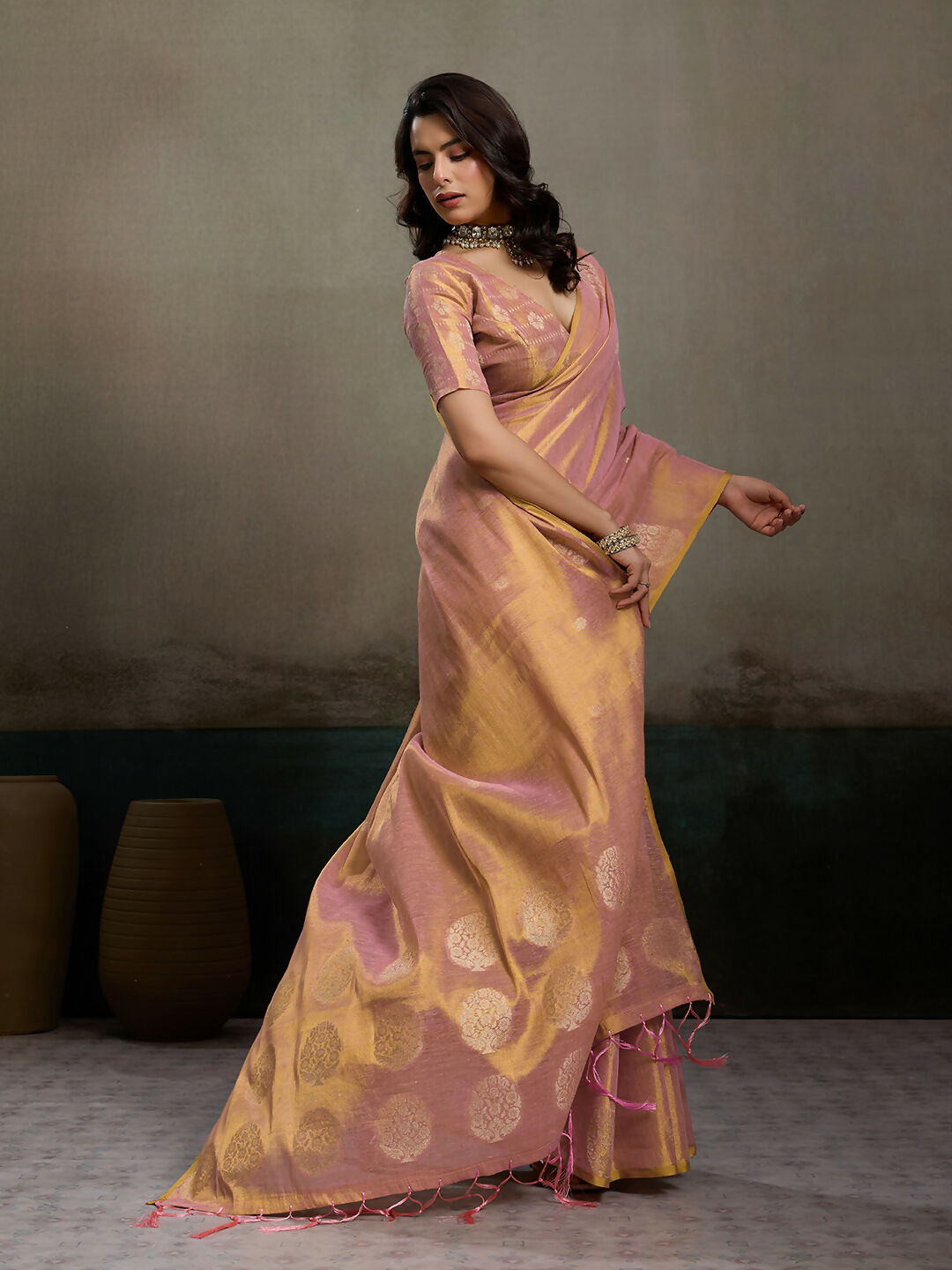Shree Shyam Fashion Light Pink Tissue Silk Saree - Distacart