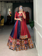 Vastranavya Navaratri Special Rayon with Printed Patch With Gota Patti And Paper Mirror Work And Cowrie (Kodi) Lace Touch Up Lehenga with Stitched Blouse - Navy Blue