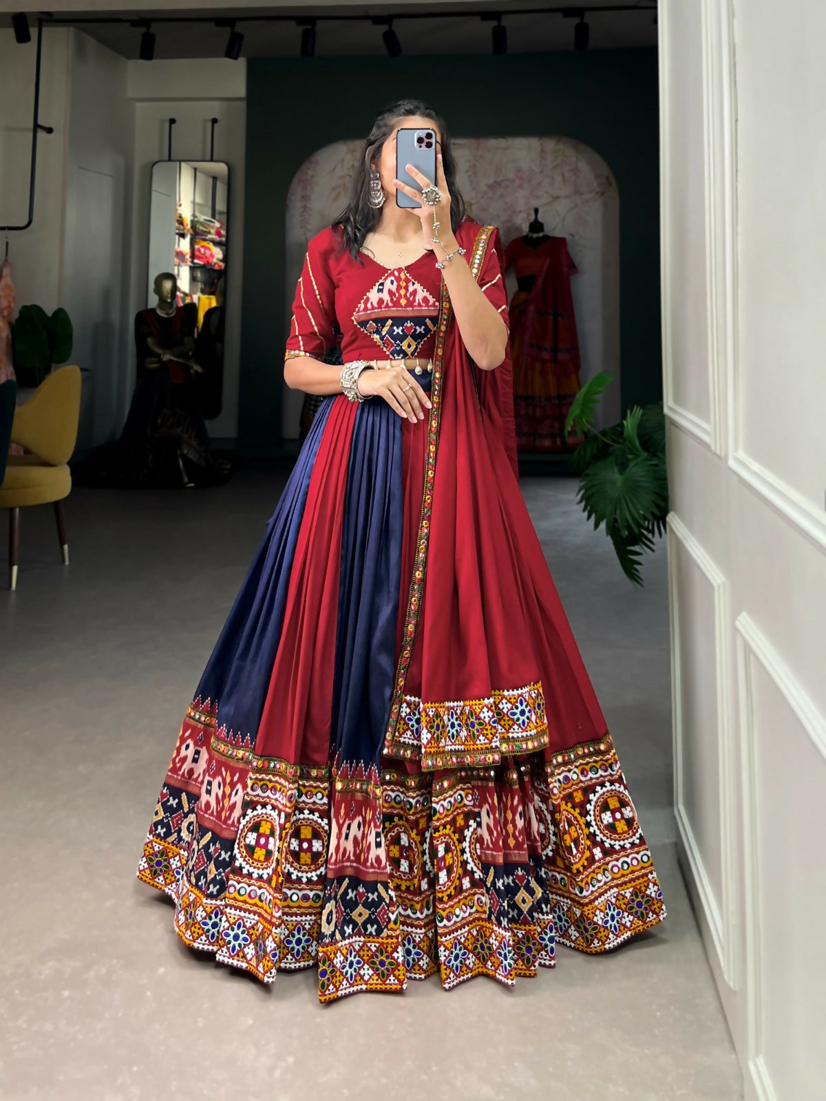 Vastranavya Navaratri Special Rayon with Printed Patch With Gota Patti And Paper Mirror Work And Cowrie (Kodi) Lace Touch Up Lehenga with Stitched Blouse - Navy Blue