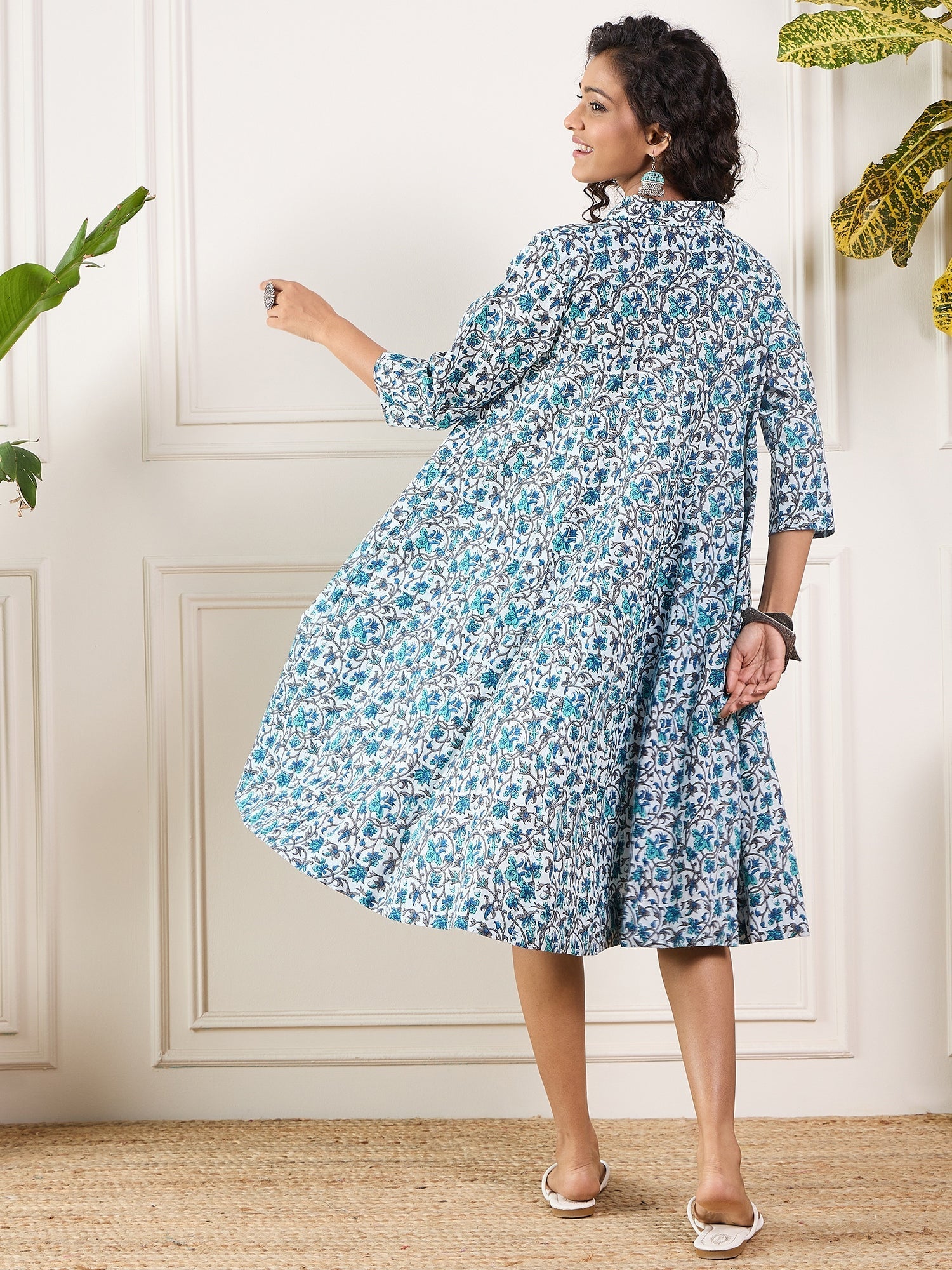 InWeave Aqua Blue Floral Grey Jaal Collar Flared Dress - Distacart