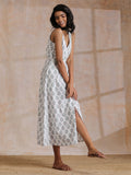 trueBrowns Green Buta On White Block Print Cotton Sleeveless Wrap Dress - Distacart