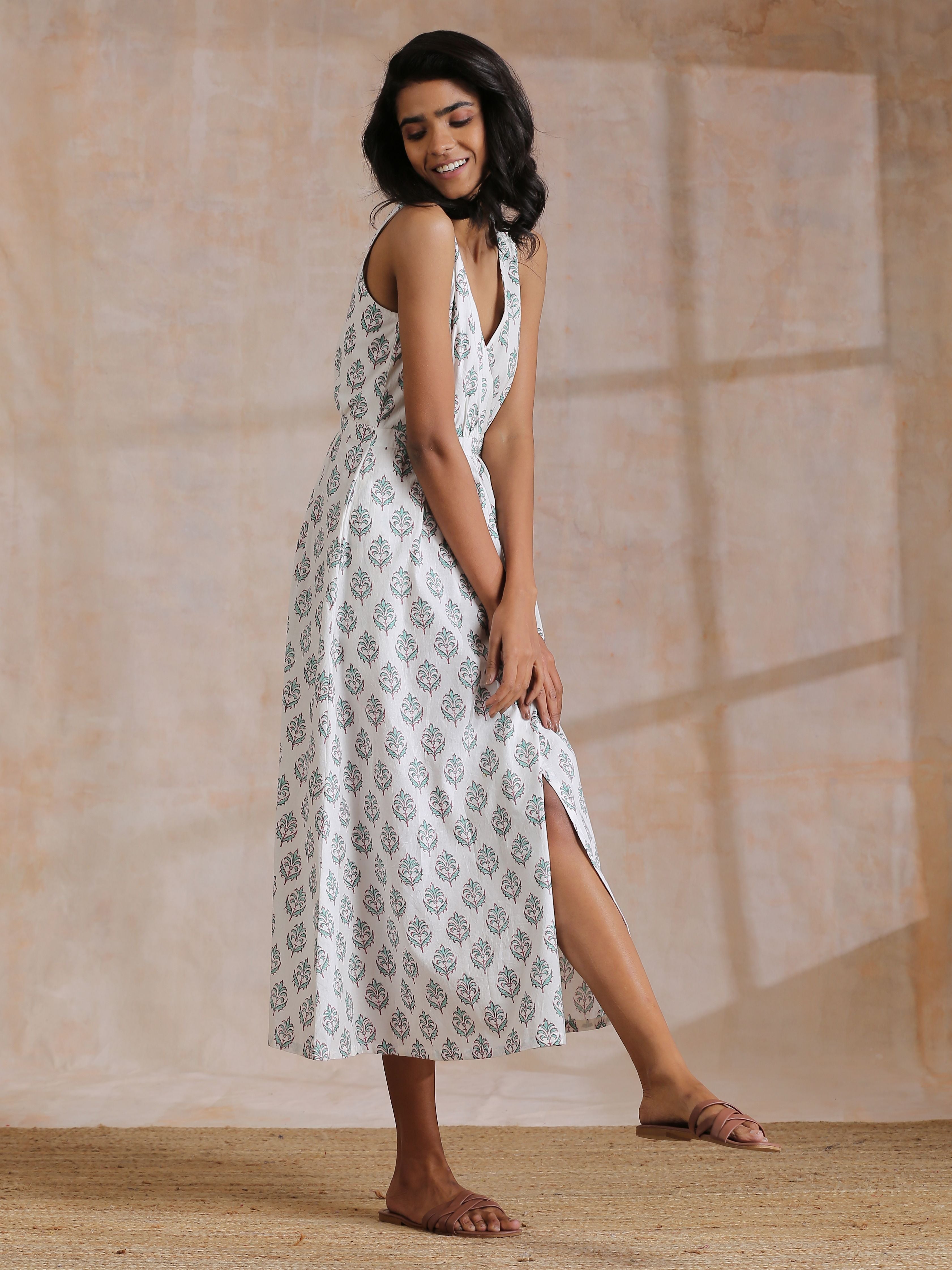 trueBrowns Green Buta On White Block Print Cotton Sleeveless Wrap Dress - Distacart