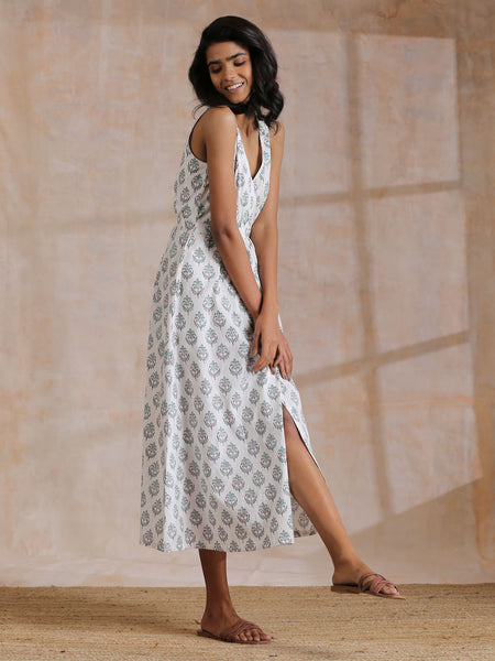trueBrowns Green Buta On White Block Print Cotton Sleeveless Wrap Dress