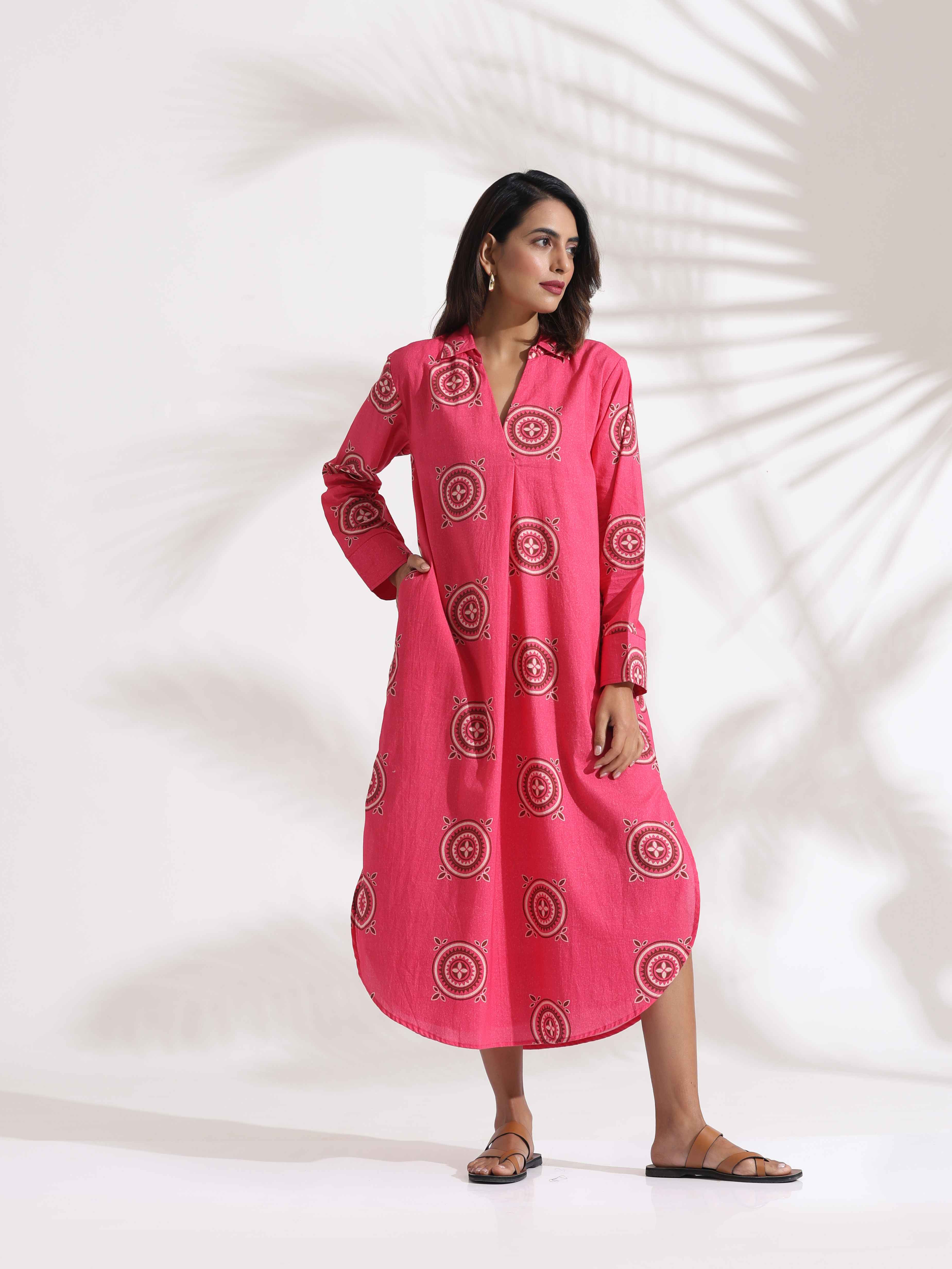 trueBrowns Pink Cotton Print A-line Dress - Distacart
