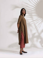 trueBrowns Brown Slub Highslit Kurta Set - Distacart