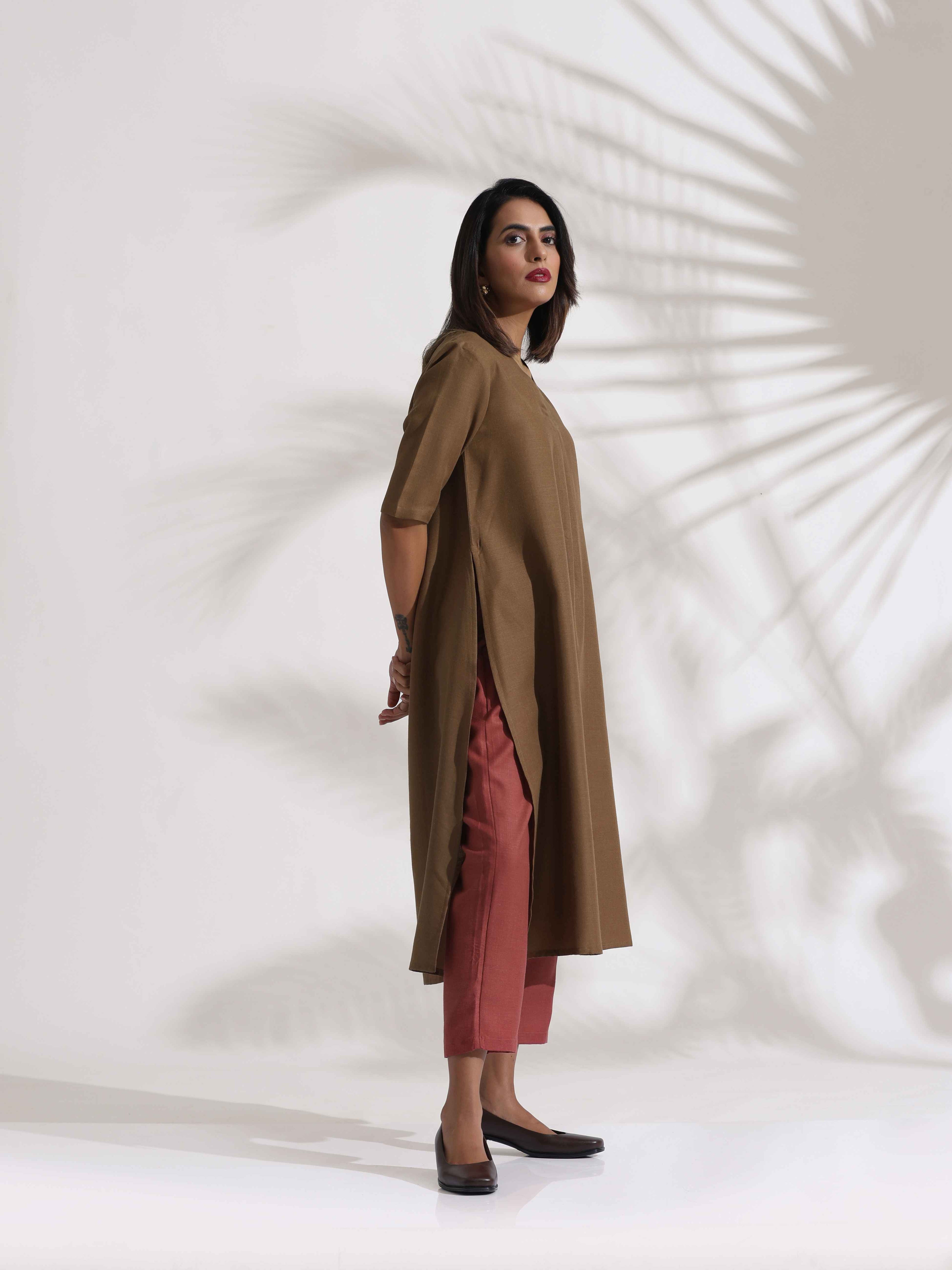 trueBrowns Brown Slub Highslit Kurta Set - Distacart