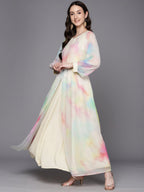Ahalyaa Abstract Printed Gotta Patti Puff Sleeves Chiffon Maxi Ethnic Dress - Distacart