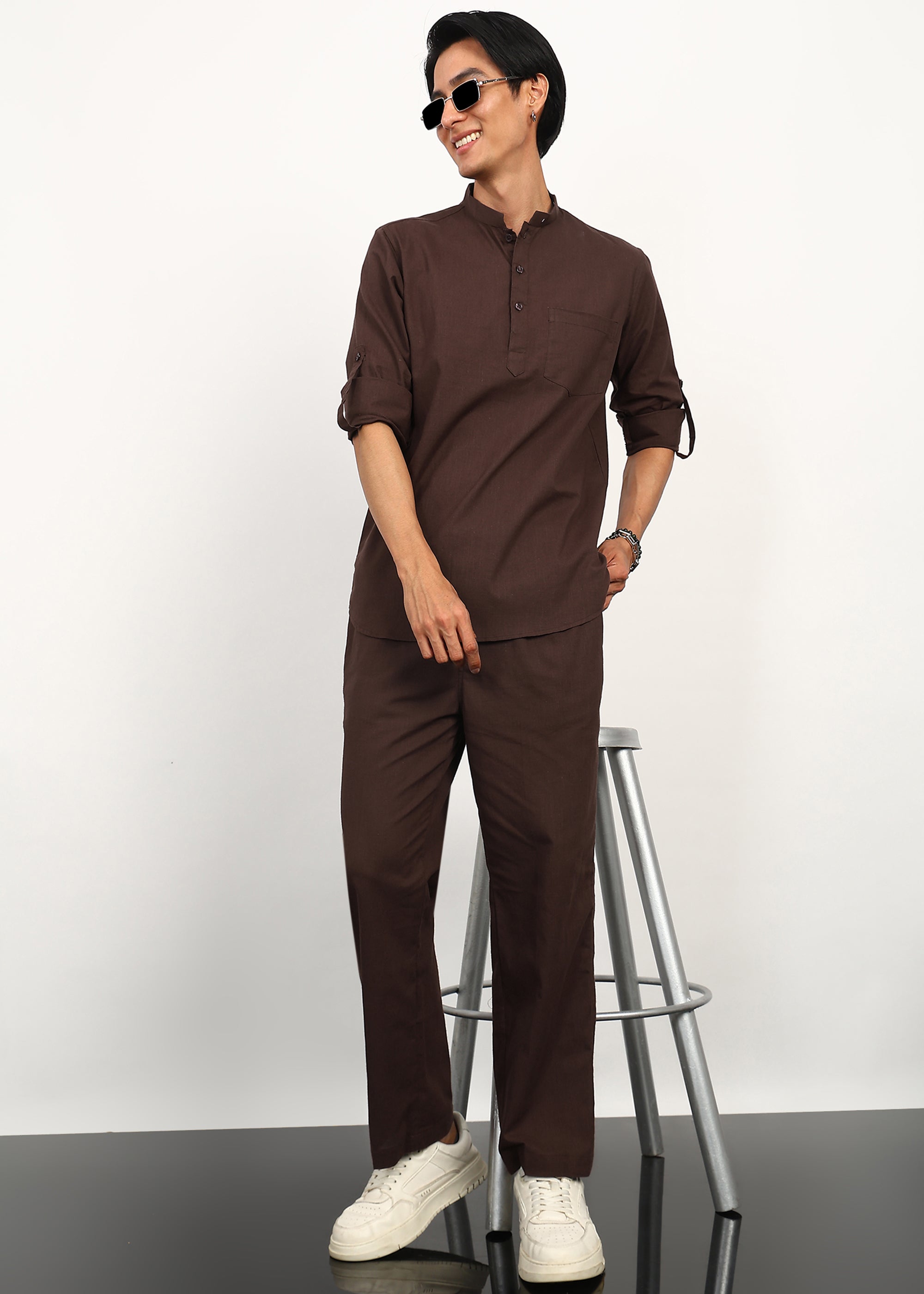 Fabmade Cocoa Drift Linen Kurta Set