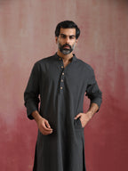 trueBrowns Men's Charcoal Grey Mandarin Collar Kurta