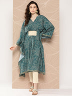 Ahalyaa Women Floral Printed Flared Sleeves Patchwork Belted Detail Crepe Kaftan Kurta - Distacart