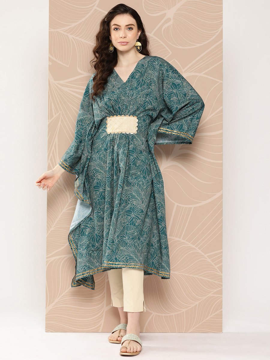 Ahalyaa Women Floral Printed Flared Sleeves Patchwork Belted Detail Crepe Kaftan Kurta - Distacart