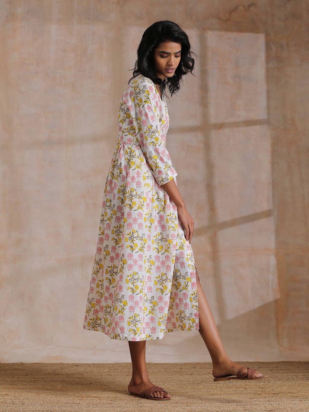 trueBrowns Pink Yellow Floral On White Block Print Cotton Wrap Dress - Distacart