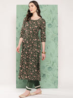 InWeave Women's Green Floral Motif Nyra Kurta Set With Dupatta