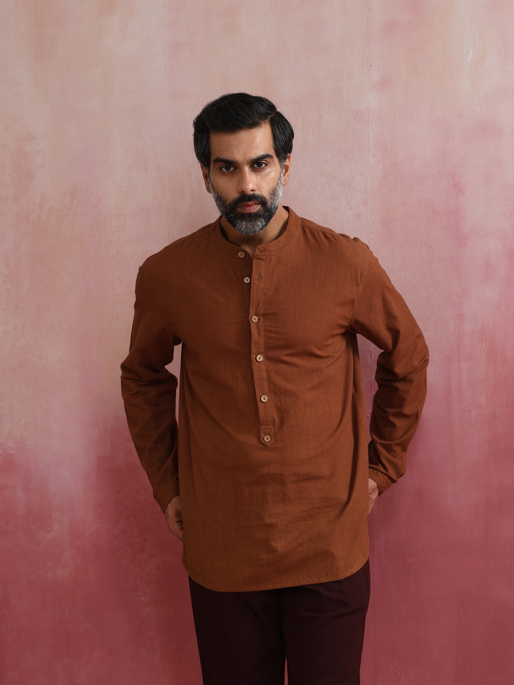 trueBrowns Men's Brown Cotton Mandarin Collar Stylized Kurta