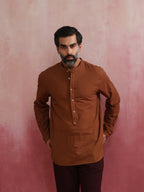 trueBrowns Men's Brown Cotton Mandarin Collar Stylized Kurta