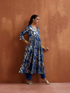 trueBrowns Blue Metallic Flared Anarkali Kurta Set - Distacart