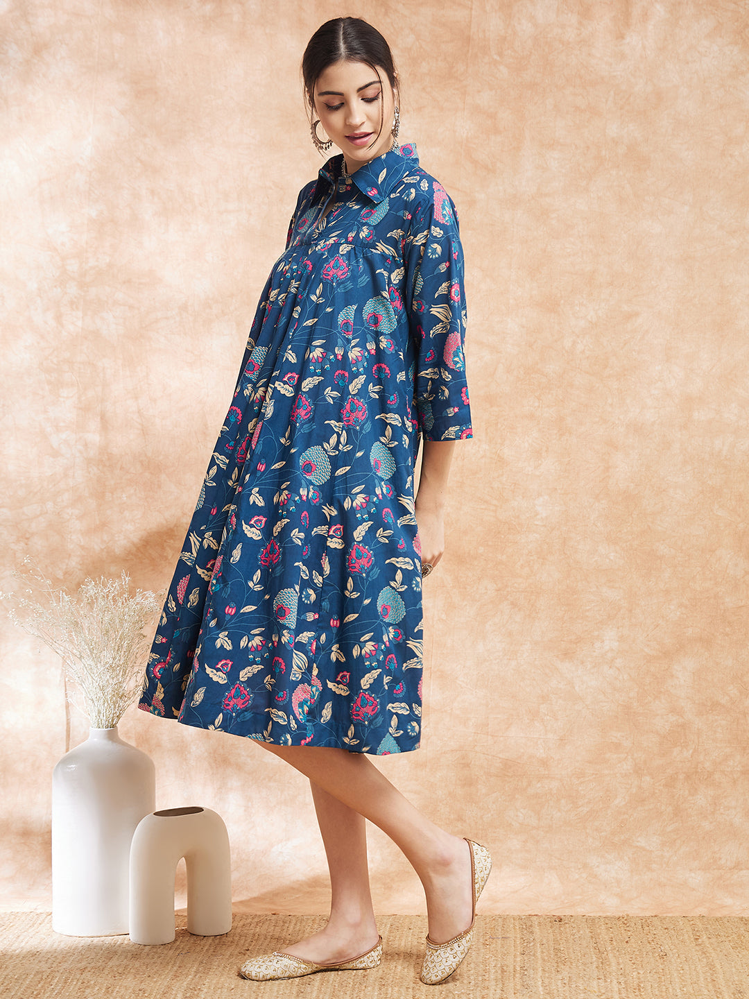 InWeave Women's Blue Pink Kalamkari Flared Dress - Distacart