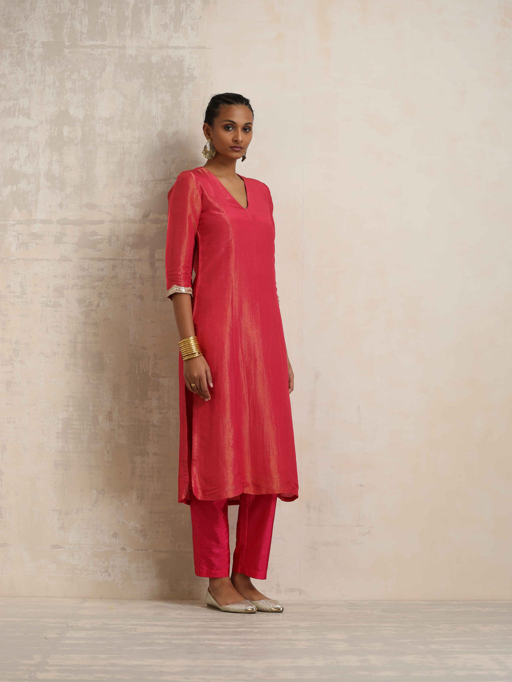 trueBrowns Hot Pink Tissue Straight Kurta Set - Distacart